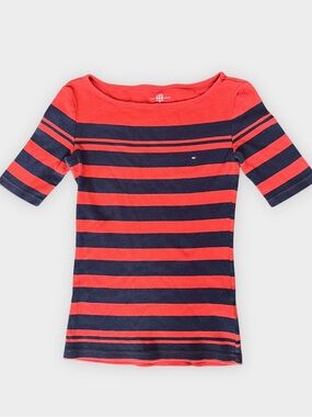 Tommy Hilfiger Striped Boat Neck Top Red Navy Preppy Y2K XXS